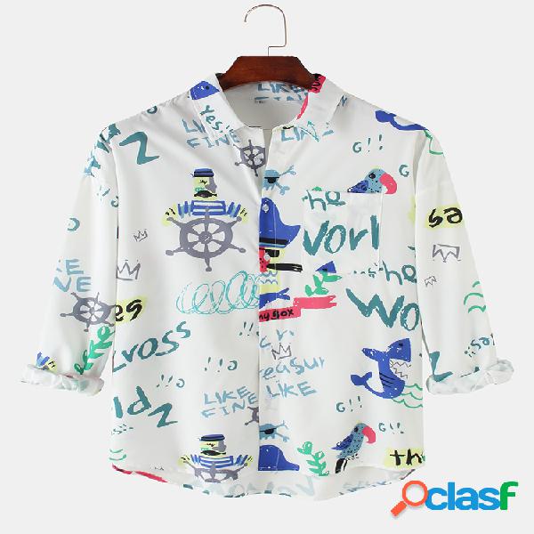 Camisas de manga larga casuales de algodón con estampado de
