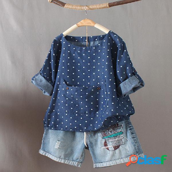Camiseta de manga 3/4 con cuello redondo y lunares con