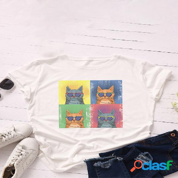 Cartoon Gato Camiseta estampada de manga corta con cuello