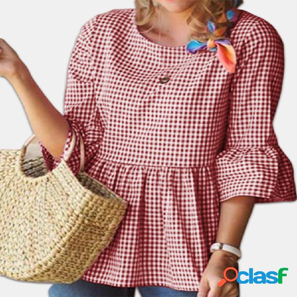 Casual Plaid Ruffle Sleeve Frill Plus Blusa Talla