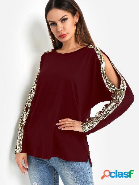 Cuello redondo burdeos Manga larga con top con lentejuelas