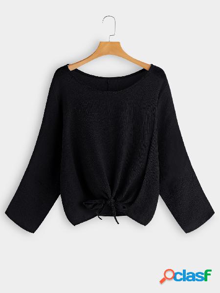 Cuello redondo negro Mangas largas Nudo Blusas delanteras