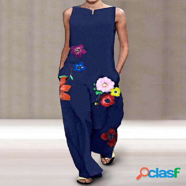 Estampado de flores Sin mangas Plus Talla Mono con bolsillos