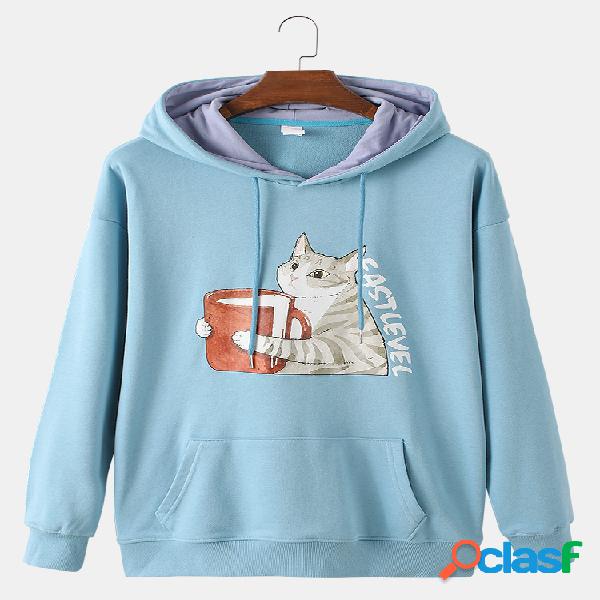 Mens Cartoon Gato Sudaderas con capucha de algodón con
