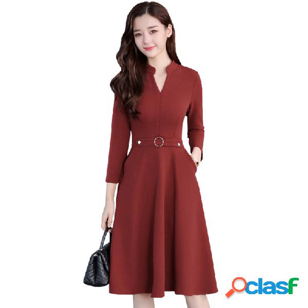 Moda Cintura con cuello en V largo Vestido Mujer Manga larga