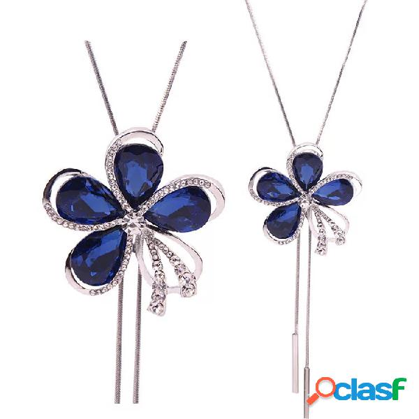 Moda azul Crystal Rhinestones Flower Necklace suéter cadena