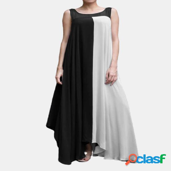 Patchwork asimétrico sin mangas Plus Talla Maxi Vestido