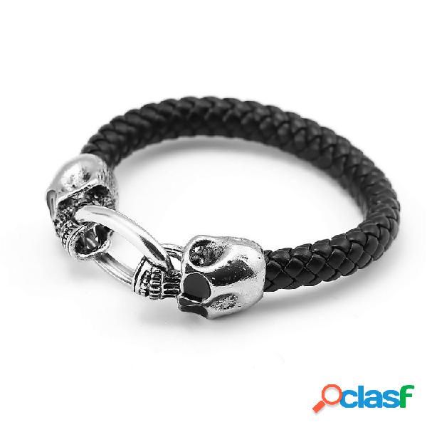 Punk Cuff Bracelets Double Skulls Black Snake Grano Cuero