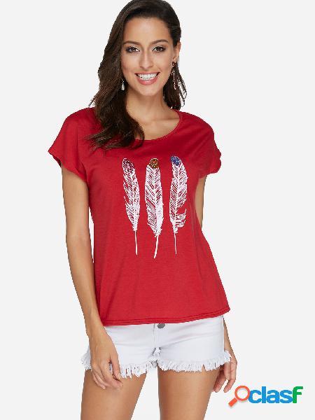 Red Feather Pattern Round Neck manga corta camiseta