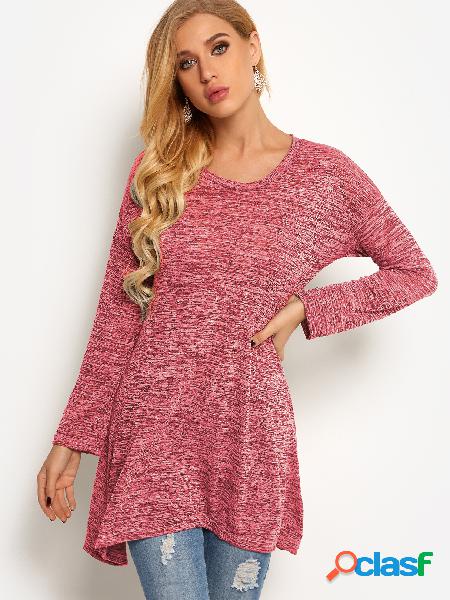 Red Plain Crew Neck manga larga irregular dobladillo
