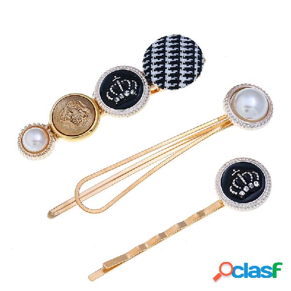 Trendy Houndstooth Button Cabello Clip Set 3 piezas Pearl