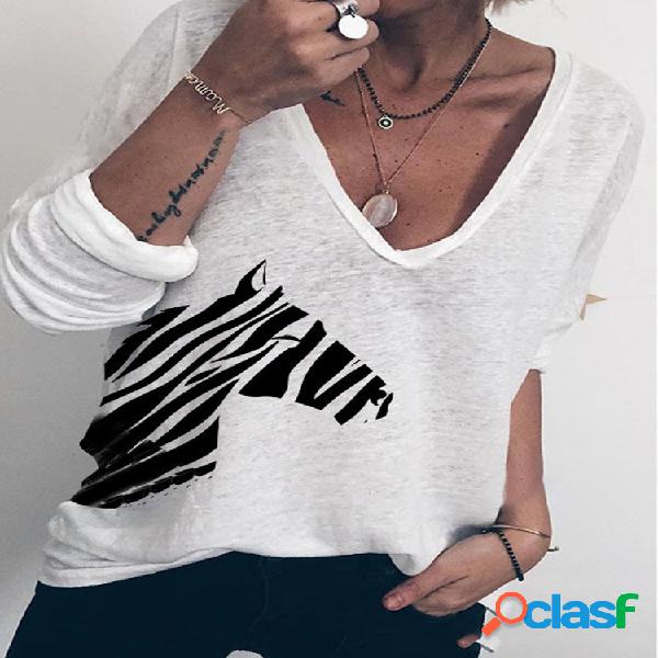 Zebra Camiseta casual de manga larga con cuello de pico y