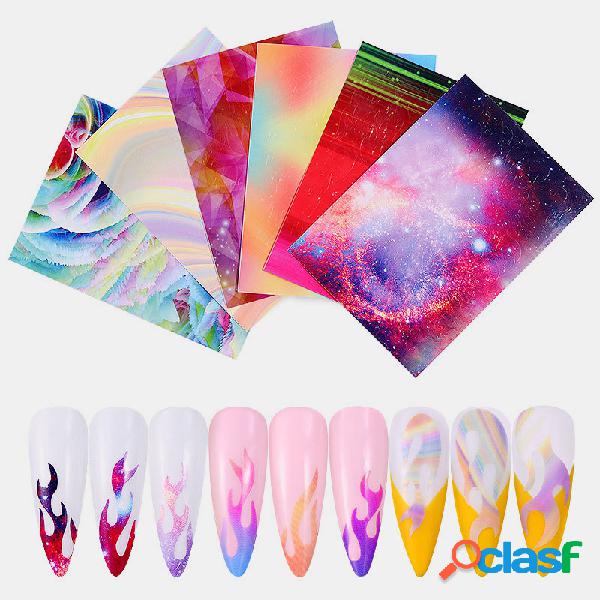 6 colores / kit Colorful Uña Adhesivo Láser Dazzle Flame