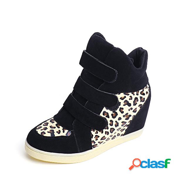 Black Leopard Velcro Design Wedge Shoes