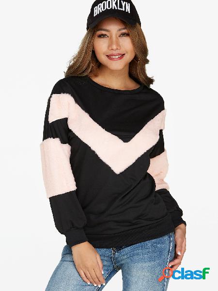 Bloque de color negro cuello redondo manga larga sudadera