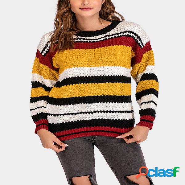 Bloque de color rayas cuello redondo manga larga suéter