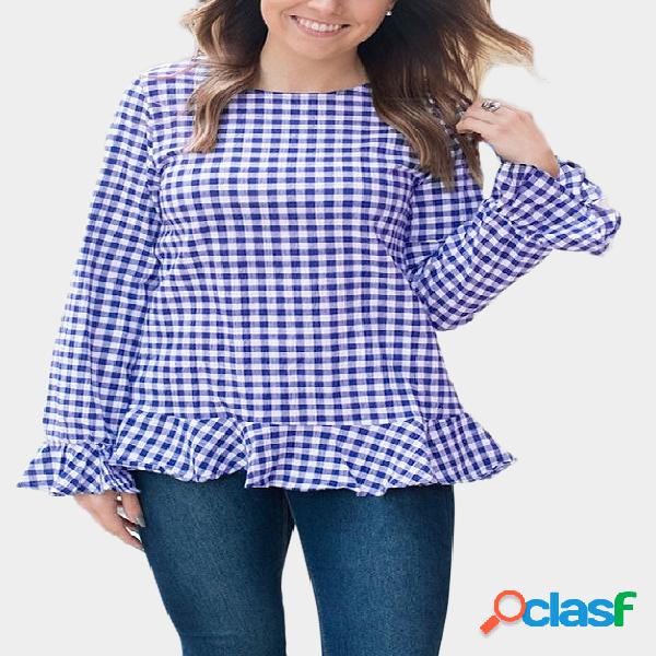 Blue Grid Round Neck Long Sleeves Top