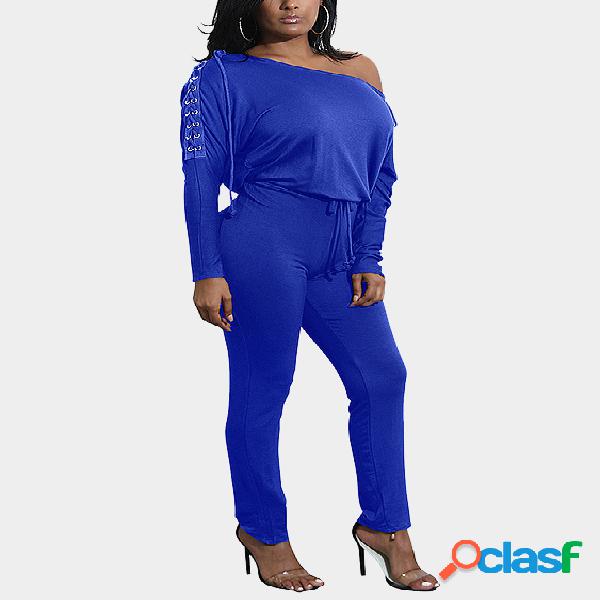 Blue Plain One Shoulder Long Sleeves Cordón cintura