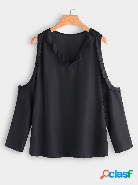 Blusa con cuello en V y manga larga fruncida en color negro