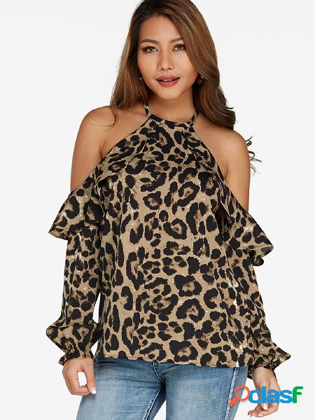 Blusa con estampado de leopardo con volantes y diseño de