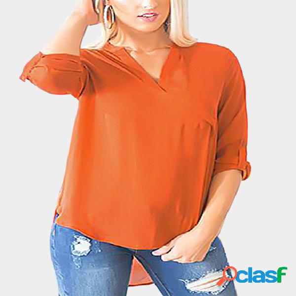 Blusa con gasa con cuello en V y detalle de bolsillo naranja