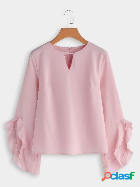 Blusas de manga larga con vuelo de color rosa claro corte