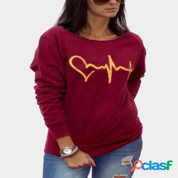 Borgoña Casual cuello redondo Electrocardiograma Camisetas