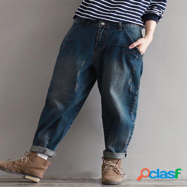 Botón casual de color sólido pantalones harem