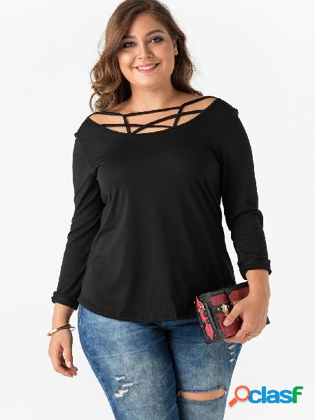 Camiseta con cuello redondo de manga larga y cuello cruzado