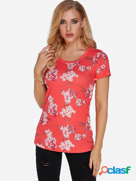 Camiseta con cuello redondo estampado floral rojo al azar