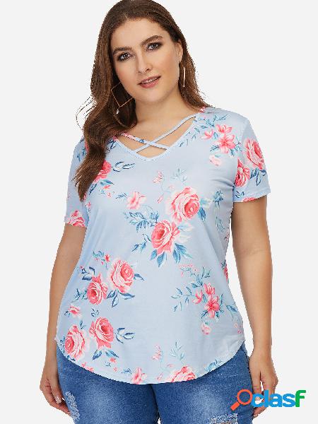 Camiseta con manga corta cruzada y estampado floral azul