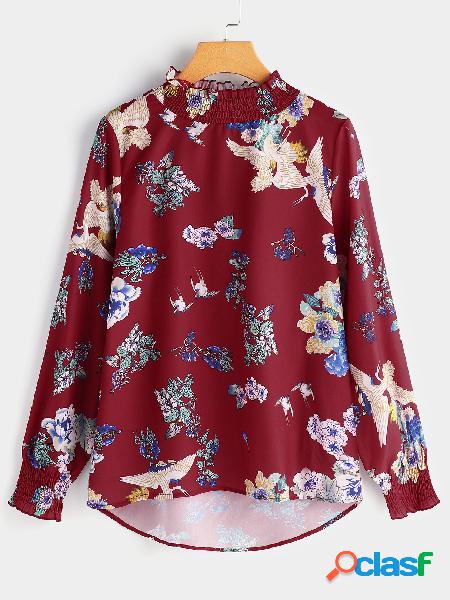 Camiseta manga larga con estampado floral y diseño plisado