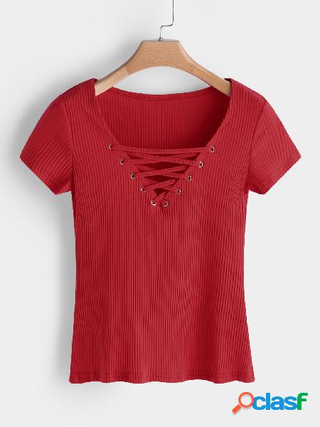 Camisetas con mangas cortas rojas con cuello en v