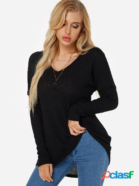 Camisetas de manga larga con cuello en v negro