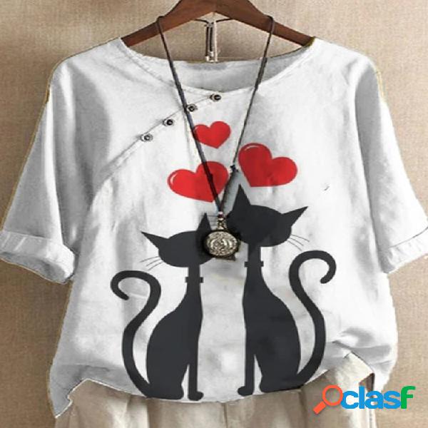 Cartoon Gato Camiseta estampada con cuello en O de manga