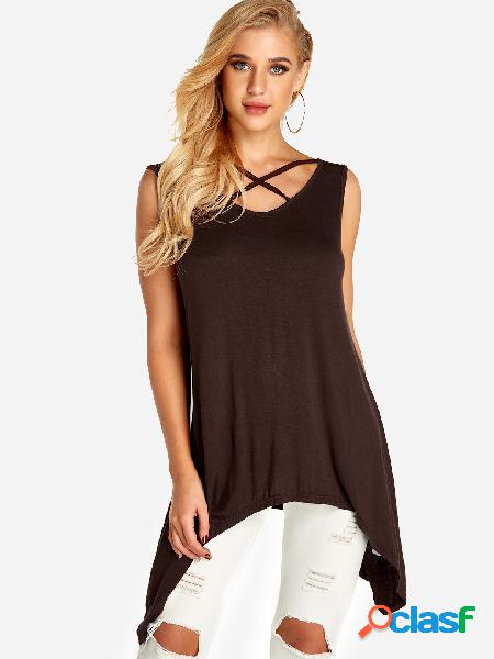 Coffee Crossed Front Design Chaleco largo con escote en V
