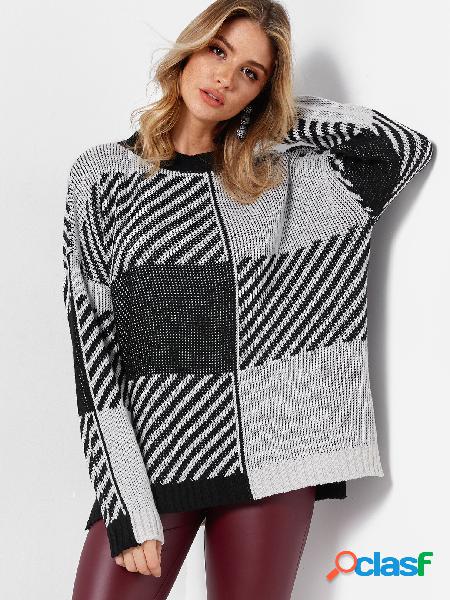 Color Block Grid Crew Neck Dolman Sleeve Sweaters With Slit