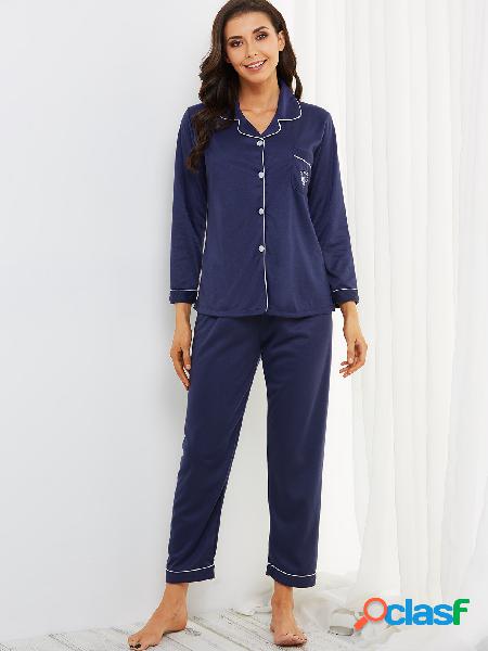 Conjunto de pijama de manga larga delantero azul bolsillo
