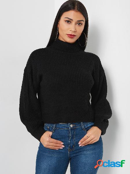 Cuello alto negro manga larga de punto suéter básico