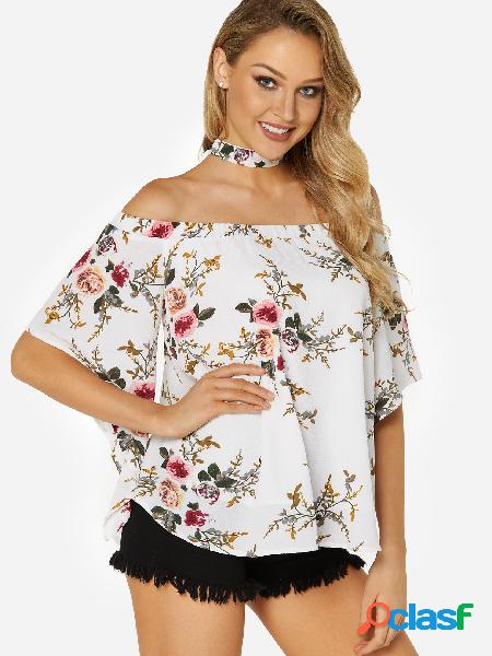 Estampado floral aleatorio blanco fuera del hombro Blusa