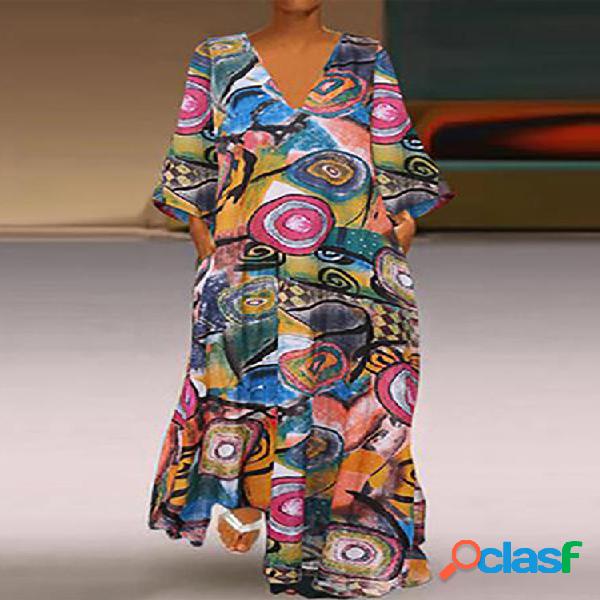 Graffiti Print 3/4 Sleeve V-neck Plus Talla Maxi Vestido