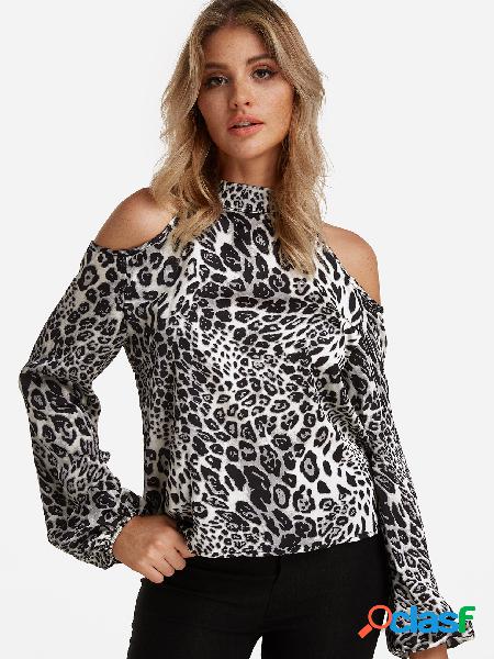 Gris Leopardo Frío Hombro Manga Larga Linterna Blusas