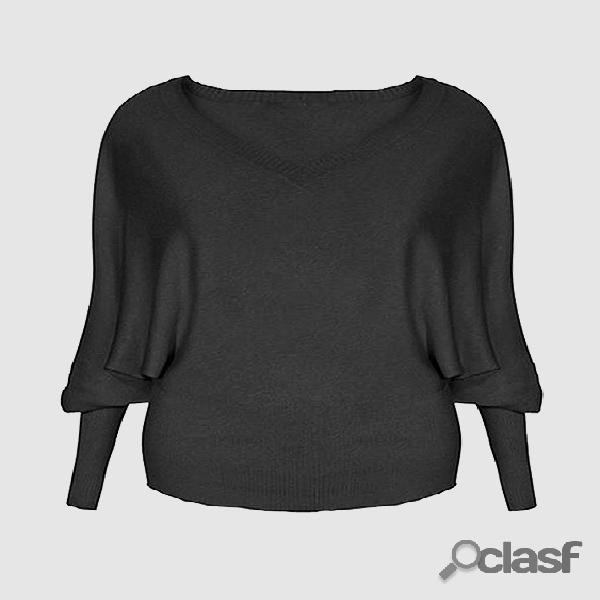 Gris V Casual V cuello mangas Knit Sweater