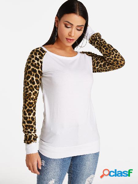 Leopardo cuello redondo manga larga camiseta casual