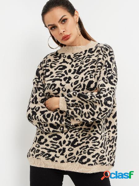 Leopardo cuello redondo manga larga suéter casual