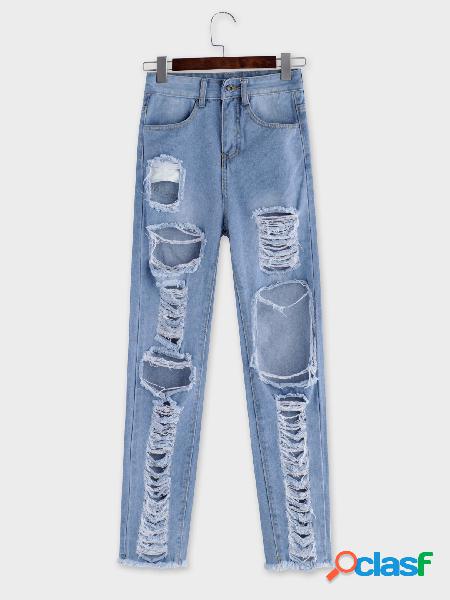 Light Blue Ripped Details Jeans de cintura media