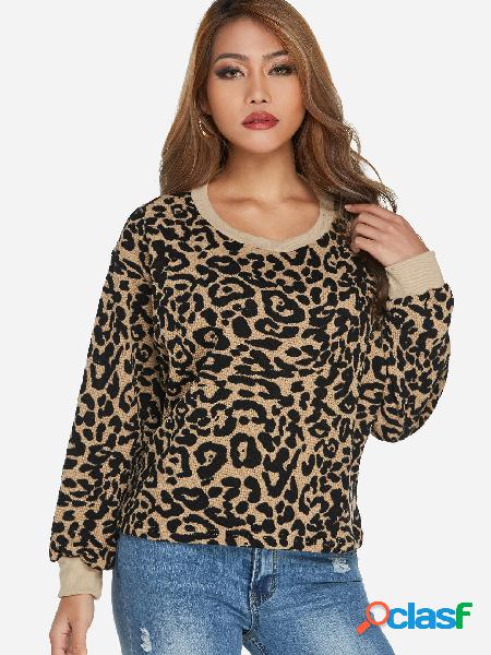 Manga larga con cuello redondo de leopardo caqui Camisetas