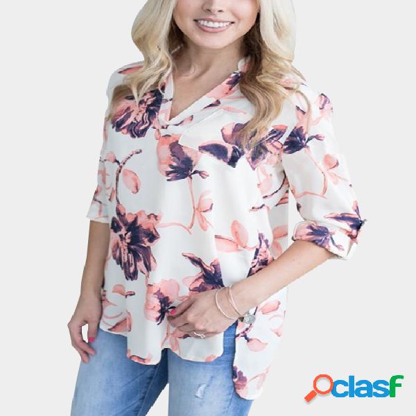 Mangas enrolladas con cuello en V blancas Blusa estampada al