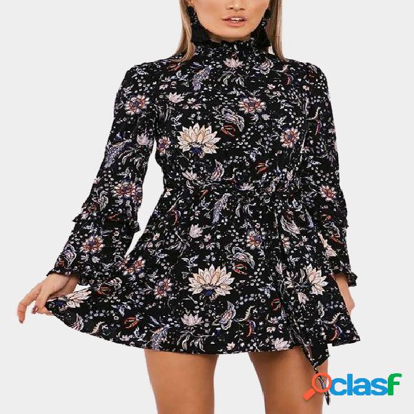 Minivestido de manga larga de cuello alto estampado floral