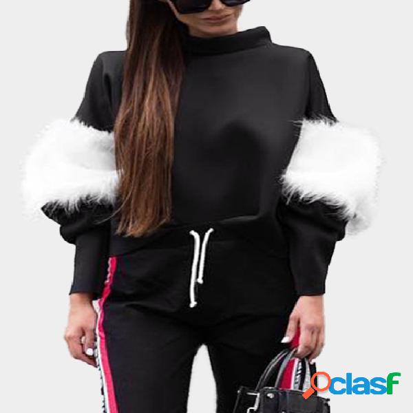 Negro Fluff Patchwork Turtleneck Manga Larga Sudaderas